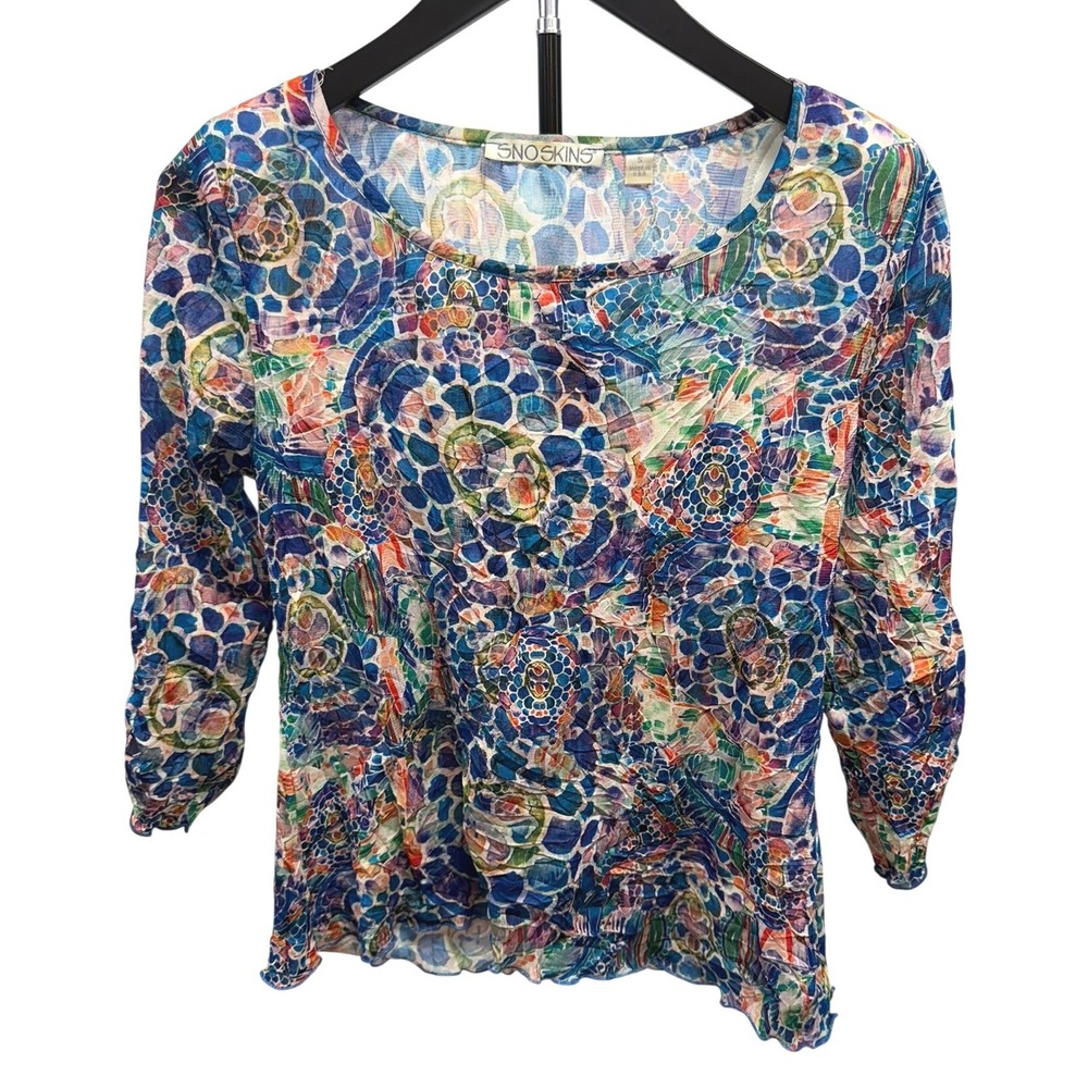 Sno Skins Vintage Women's Crinkle Round Neck Vibrant Colorful Print Top Sz Small